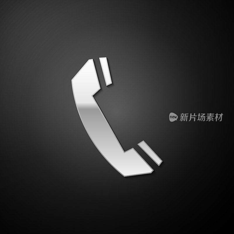 Silver Telephone handset icon isolated on black background. Phone sign. Call support center symbol. Communication technology. Long shadow style. Vector